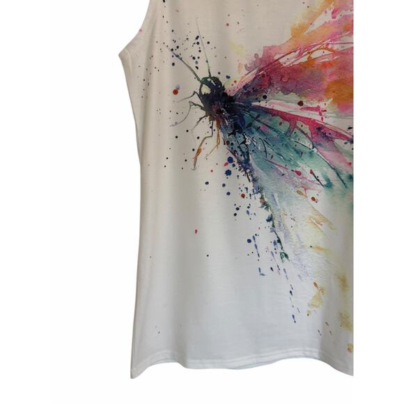 Women's Small White Mulitcolor Dragonfly Print Sleeveless Round Neck Loose Tank - Picture 4 of 14